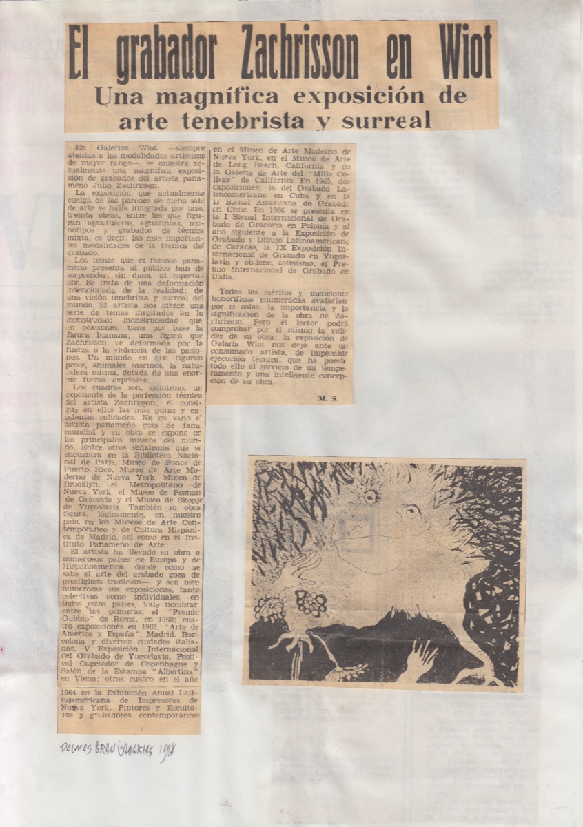 Recorte de prensa: El grabador Zachrisson en Wiot, 1968; enumera los museos que conservan su obra